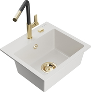 Mexen Milo granitový drez 1-komorový s kuchynskou batériou Flora, biely - 6505-20-670401-57-G