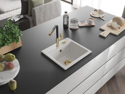 Mexen Milo granitový drez 1-komorový s kuchynskou batériou Flora, biely - 6505-20-670401-57-G