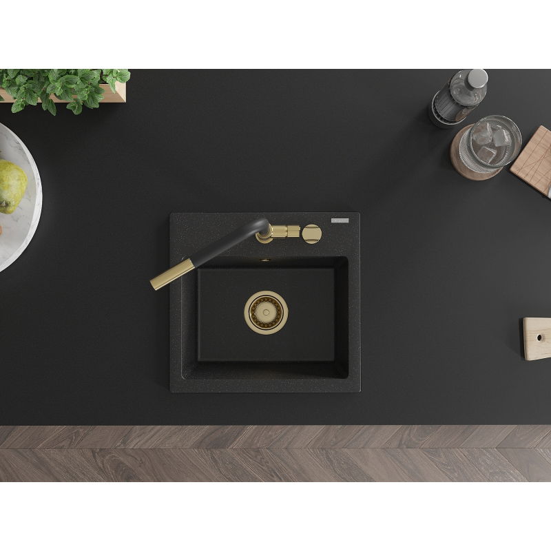 Mexen Milo granitový drez 1-komorový s kuchynskou batériou Flora, čierny/strieborný metalik - 6505-73-670401-57-G