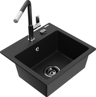 Mexen Milo 1-komorový granitový drez s kuchynskou batériou Flora, čierny - 6505-77-670401-07-B