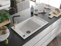 Mexen Elias žulový drez 1-komorový s odkvapkávačom a kuchynskou batériou Flora, biely - 6511-20-670401-57-B