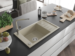 Mexen Elias granitový kuchynský drez s 1-komorou, odkvapkávačom a kuchynskou batériou Flora, béžový - 6511-69-670401-09
