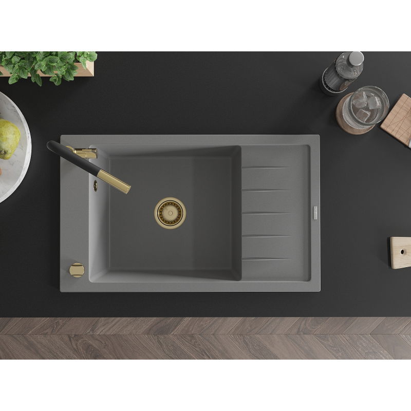 Mexen Elias žulový drez, 1-komorový s odkvapkávacou plochou a kuchynská batéria Flora, sivý - 6511-71-670401-57-G