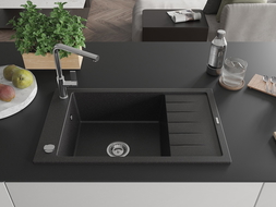 Mexen Elias žulový drez s 1 komorou a odkvapkávačom a kuchynská batéria Flora, čierny/strieborný metalík - 6511-73-670401-00