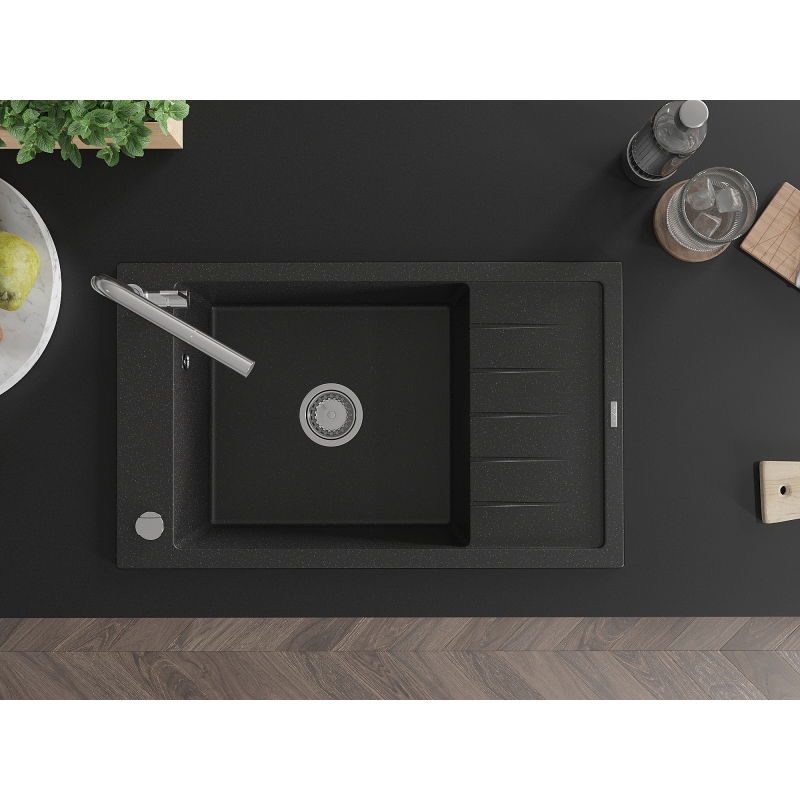 Mexen Elias žulový drez s 1 komorou a odkvapkávačom a kuchynská batéria Flora, čierny/strieborný metalík - 6511-73-670401-00