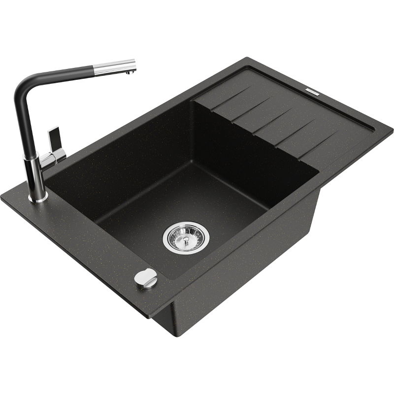 Mexen Elias granitový jednodrez s odkvapkávačom a kuchynskou batériou Flora, čierny/zlatý metalický - 6511-75-670401-07