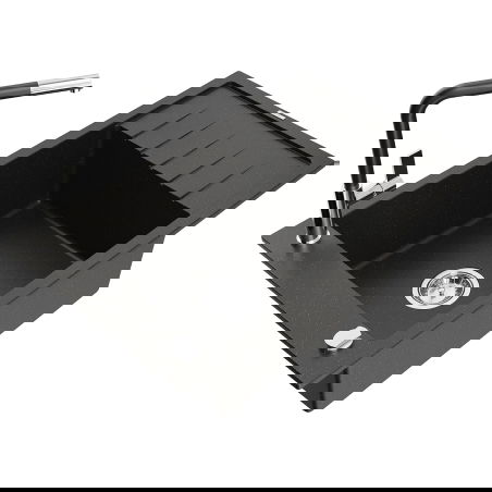 Mexen Elias granitový jednodrez s odkvapkávačom a kuchynskou batériou Flora, čierny/zlatý metalický - 6511-75-670401-07