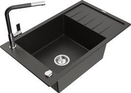 Mexen Elias granitový jednodrez s odkvapkávačom a kuchynskou batériou Flora, čierny/zlatý metalický - 6511-75-670401-07