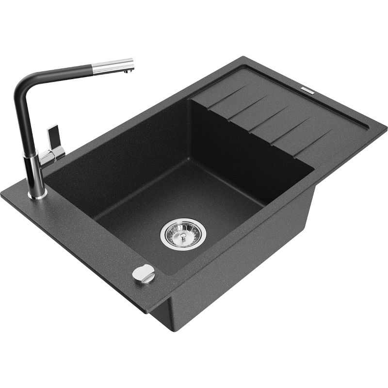 Mexen Elias granitový drez s jednou komorou s odkvapkávačom a kuchynskou batériou Flora, čierny s bodkami