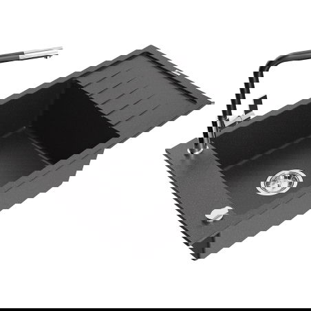 Mexen Elias granitový drez s jednou komorou s odkvapkávačom a kuchynskou batériou Flora, čierny s bodkami