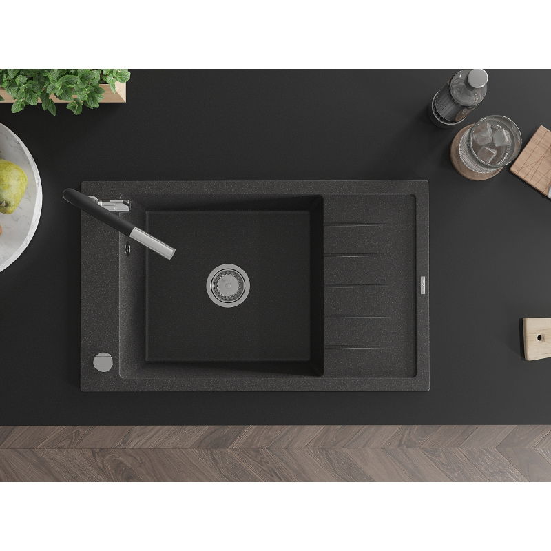 Mexen Elias granitový drez s jednou komorou s odkvapkávačom a kuchynskou batériou Flora, čierny s bodkami
