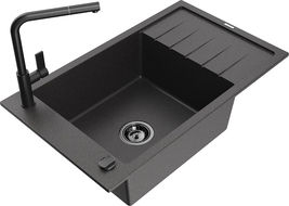 Mexen Elias žulový drez s 1-komorový s odkvapkávačom a kuchynskou batériou Flora, čierny škvrnitý - 6511-76-670401-70-B