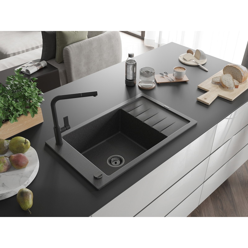 Mexen Elias granitový kuchynský drez s 1 komorou s odkapávačom a kuchynskou batériou Flora, čierny postriekaný