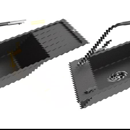 Mexen Elias granitový drez s 1-komorou s odkvapkávačom a kuchynskou batériou Flora, čierny fľakatý - 6511-76-670401-75-B