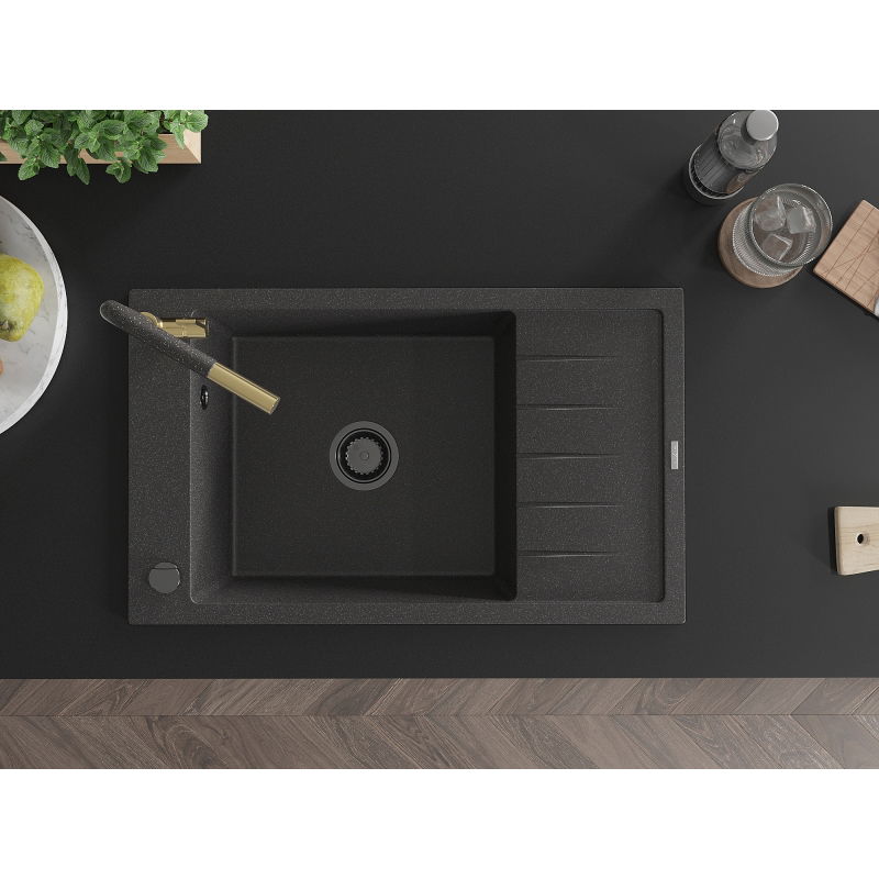 Mexen Elias granitový drez s 1-komorou s odkvapkávačom a kuchynskou batériou Flora, čierny fľakatý - 6511-76-670401-75-B