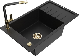 Mexen Elias granitový drez 1-komorový s odkvapkávačom a kuchynskou batériou Flora, čierny - 6511-77-670401-57-G