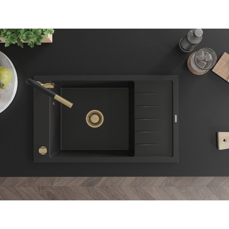 Mexen Elias granitový drez 1-komorový s odkvapkávačom a kuchynskou batériou Flora, čierny - 6511-77-670401-57-G