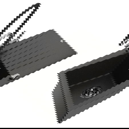 Mexen Cesar granitový drez s 1 komorou, odkvapkávačom a kuchynskou batériou Duo, čierny/zlatý metalický