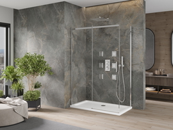 Mexen Omega sprchový kút posuvný 140 x 80 cm, transparentný, chróm + vanička Flat - 825-140-080-01-00-4010