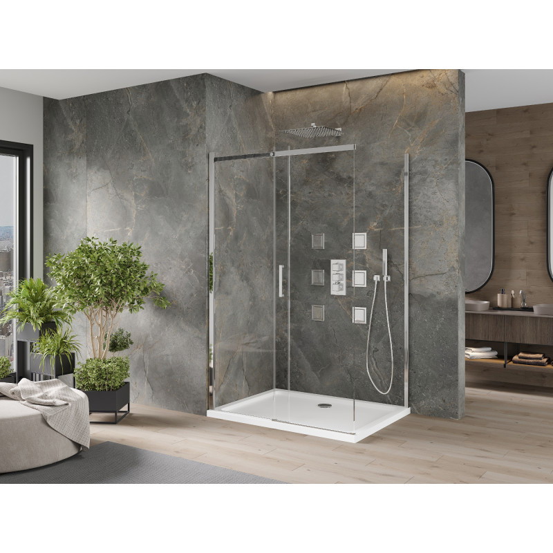 Mexen Omega posuvná sprchová kabína 140 x 100 cm, transparentná, chróm + sprchová vanička Flat - 825-140-100-01-00-4010