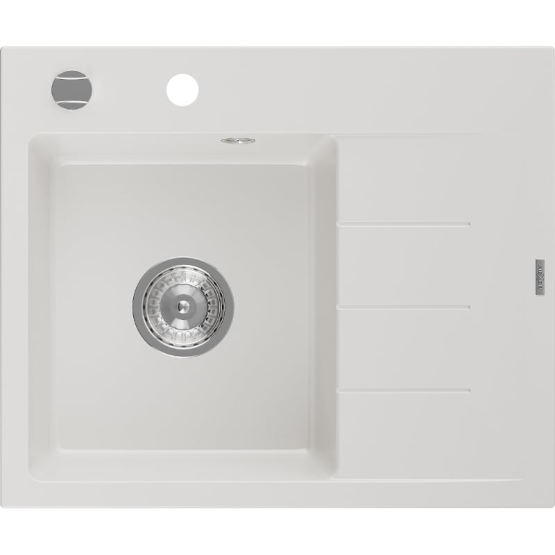 Mexen Ben Granitový drez s 1 komorou a odkvapkávačom, ľavý 600 x 500 mm, biely, sifón chrómový - 6522605000-20