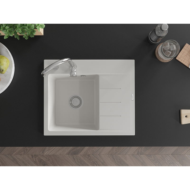 Mexen Ben Granitový drez s 1 komorou a odkvapkávačom, ľavý 600 x 500 mm, biely, sifón chrómový - 6522605000-20