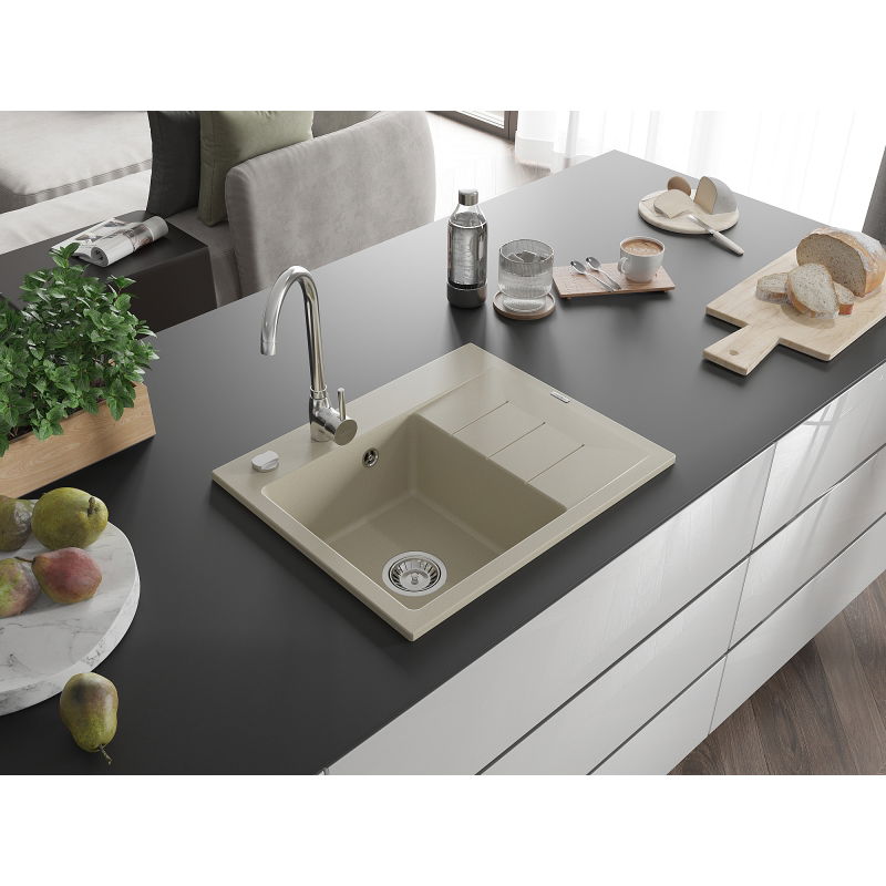 Mexen Ben granitový drez 1-komorový s odkapávačom, ľavý 600 x 500 mm, béžový, chróm sifón - 6522605000-69