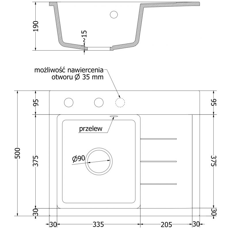 Mexen Ben granitový drez 1-komorový s odkapávačom, ľavý 600 x 500 mm, béžový, chróm sifón - 6522605000-69