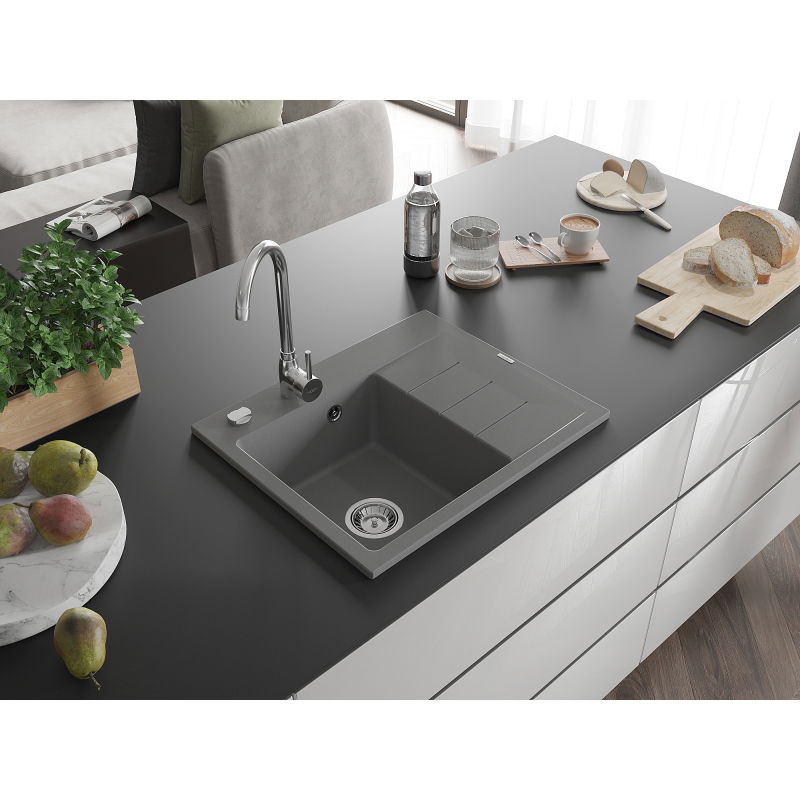 Mexen Ben žulový drez s 1 komorou s odkvapkávačom, ľavý 600 x 500 mm, šedý, sifón chróm - 6522605000-71