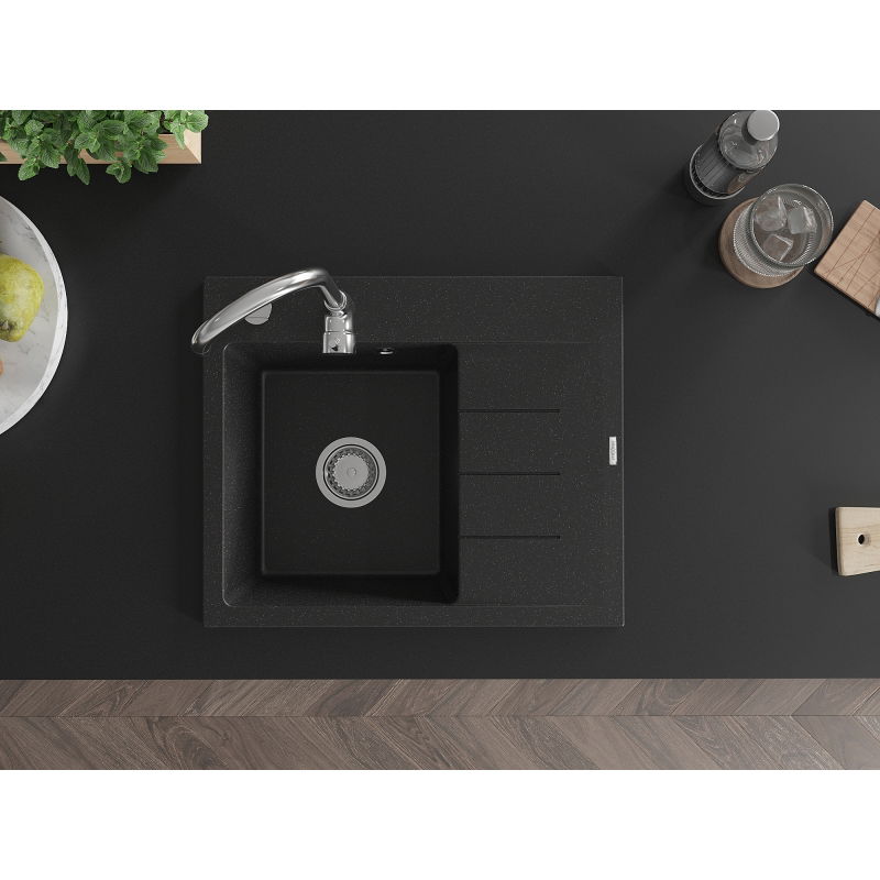 Mexen Ben granitový drez s 1 komorou a s odkvapkávačom, ľavý 600 x 500 mm, čierny/strieborný metalík, sifón chróm