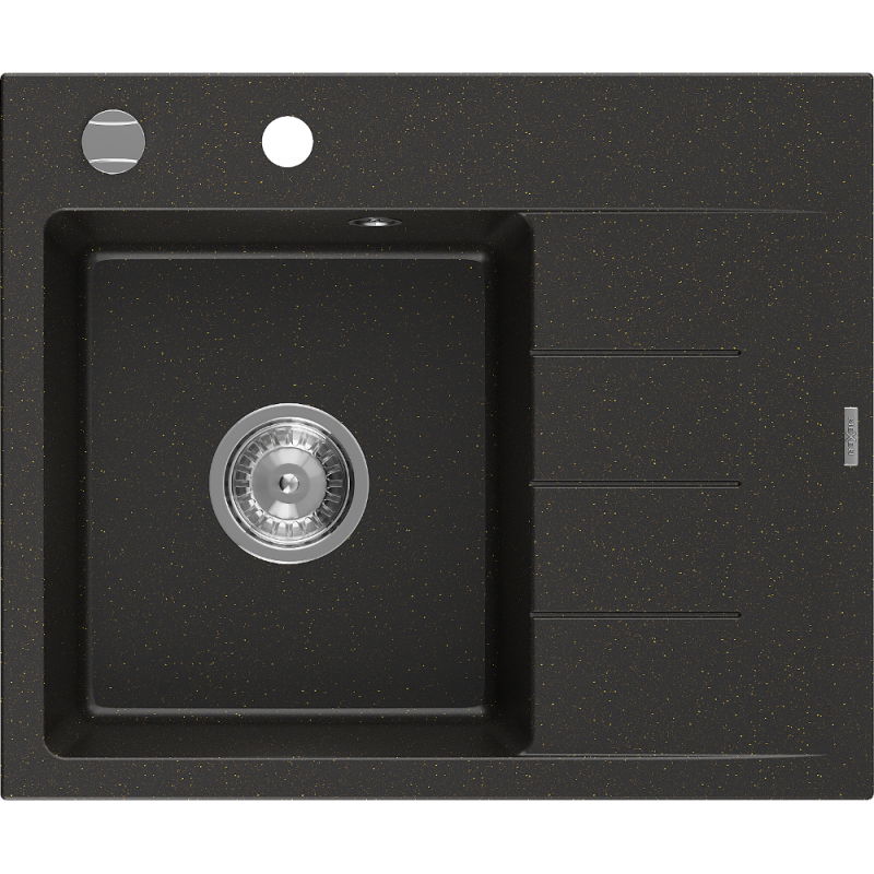 Mexen Ben žulový drez s 1 komorou a ľavým odkvapkávačom 600 x 500 mm, čierno/zlatý metalický, chrómový sifón - 6522605000-75