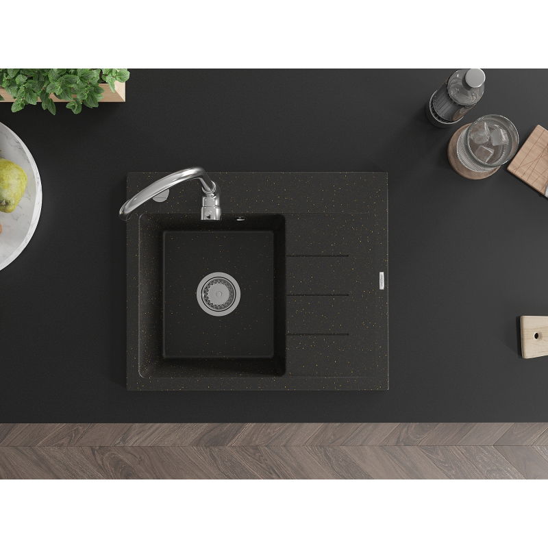 Mexen Ben granitový kuchynský drez s 1 komorou a odkvapkávacou plochou, ľavý, 600 x 500 mm, čierny/zlatý metalický,