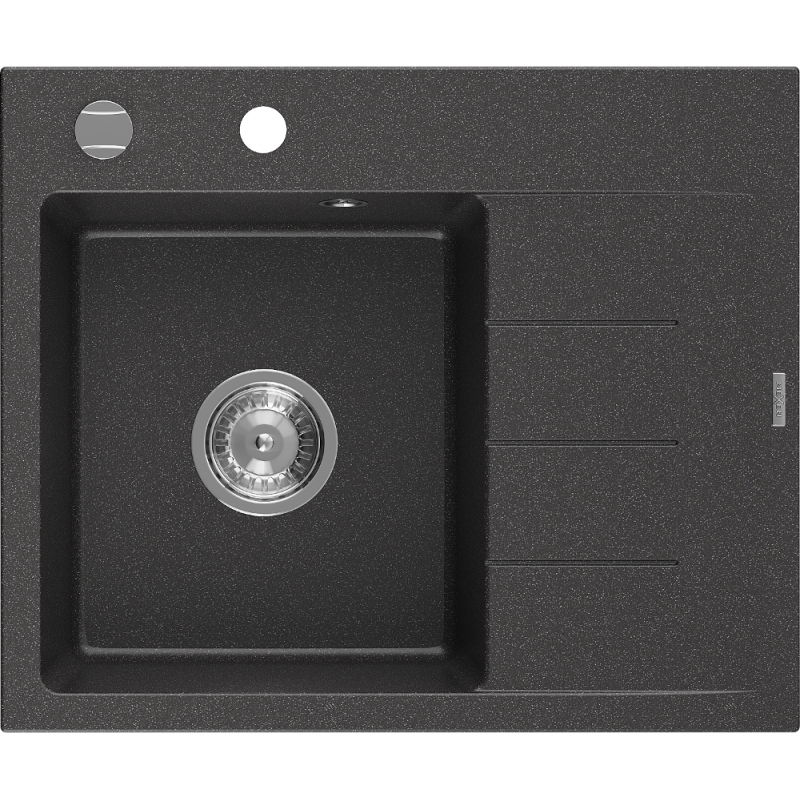 Mexen Ben kamenný drez s 1 komorou s odkvapkávačom, ľavý 600 x 500 mm, čierny s škvrnami, sifón chróm - 6522605000-76