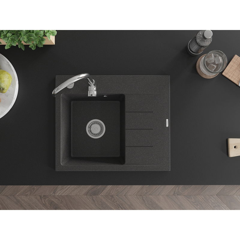 Mexen Ben kamenný drez s 1 komorou s odkvapkávačom, ľavý 600 x 500 mm, čierny s škvrnami, sifón chróm - 6522605000-76