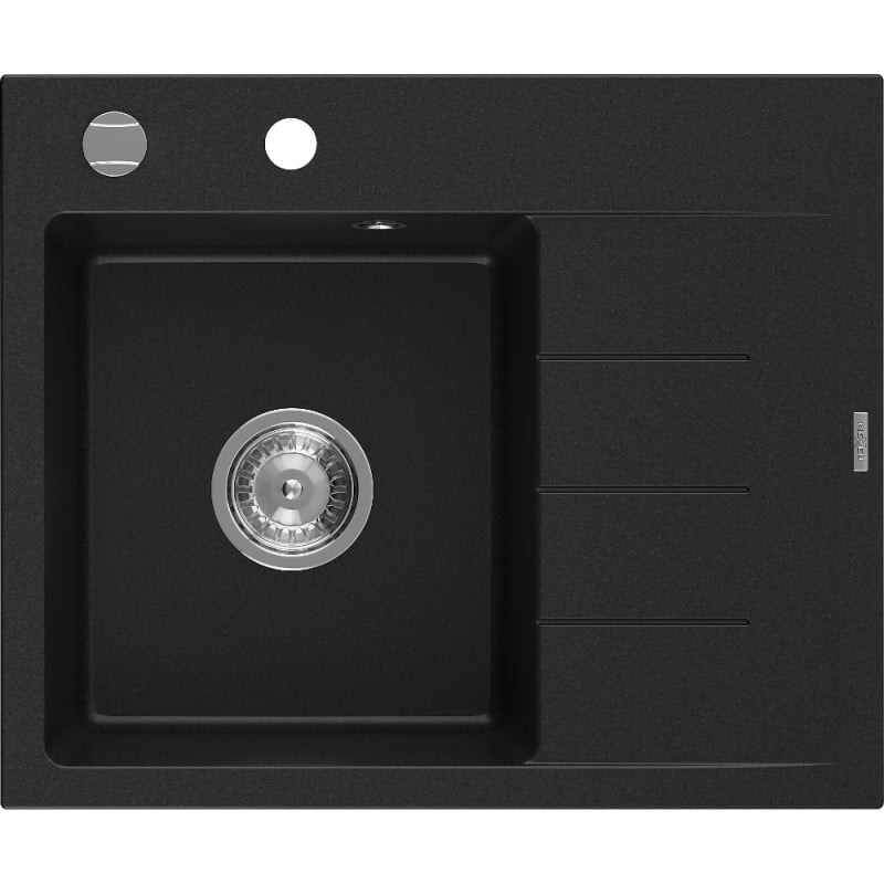 Mexen Ben Granitový drez 1-komorový s odkvapkávačom, ľavý 600 x 500 mm, čierny, chrómový sifón - 6522605000-77
