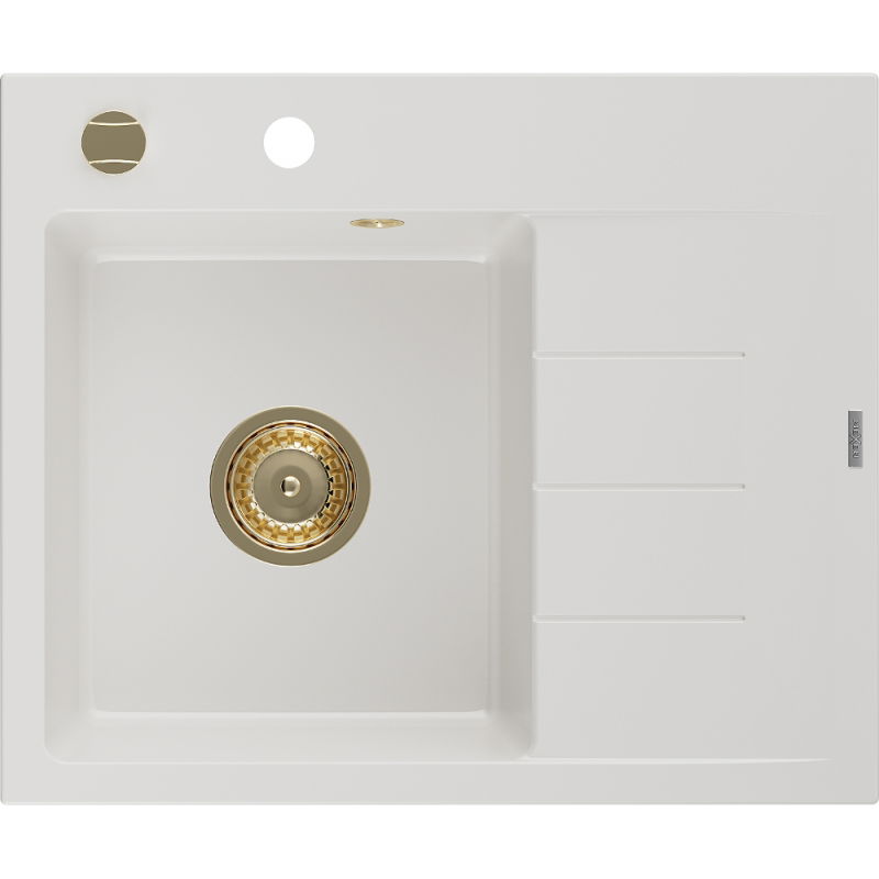 Mexen Ben jednokomorový žulový drez s odkvapkávačom, ľavý 600 x 500 mm, biely, zlatý sifón - 6522605000-20-G