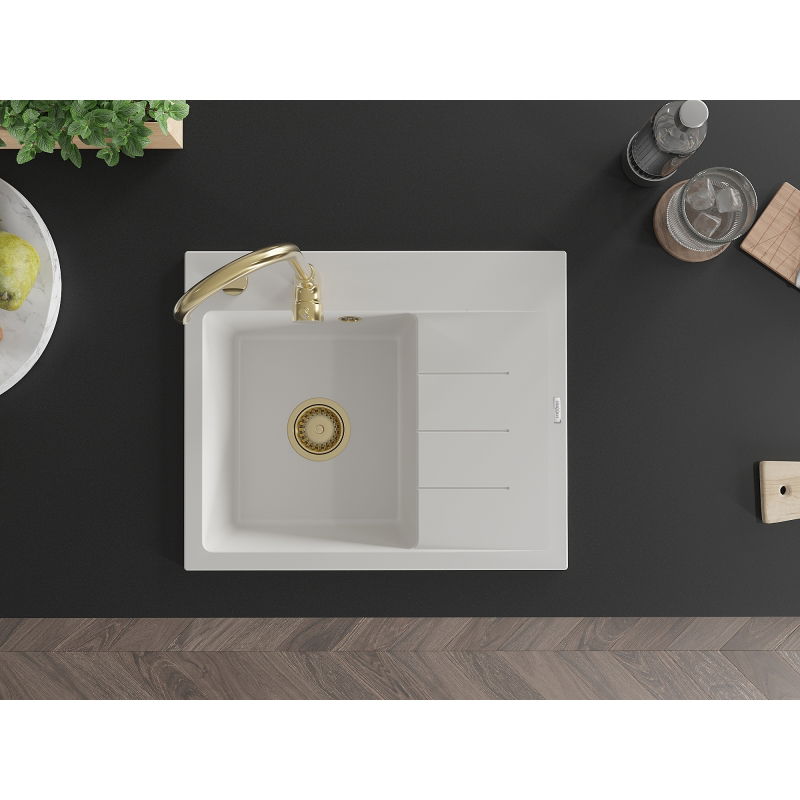 Mexen Ben jednokomorový žulový drez s odkvapkávačom, ľavý 600 x 500 mm, biely, zlatý sifón - 6522605000-20-G