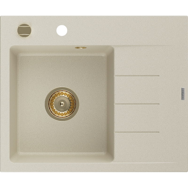 Mexen Ben granitový drez 1-komorový s odkvapkávačom, ľavý 600 x 500 mm, béžový, zlatý sifón - 6522605000-69-G