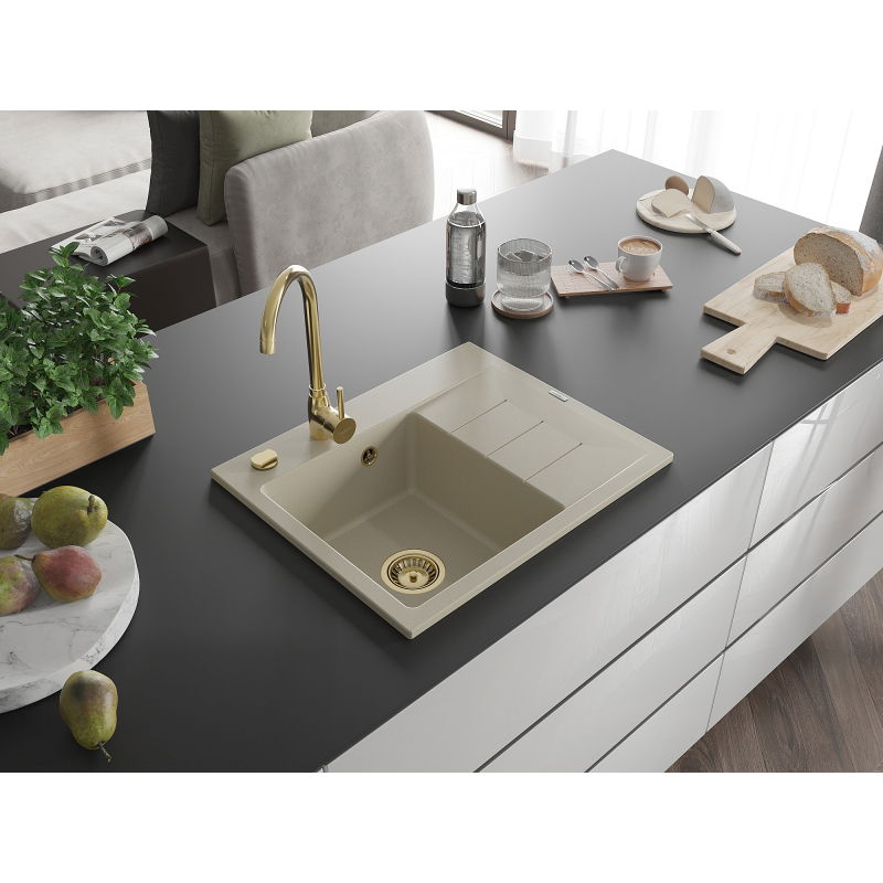 Mexen Ben granitový drez 1-komorový s odkvapkávačom, ľavý 600 x 500 mm, béžový, zlatý sifón - 6522605000-69-G