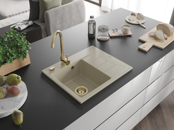 Mexen Ben granitový drez 1-komorový s odkvapkávačom, ľavý 600 x 500 mm, béžový, zlatý sifón - 6522605000-69-G