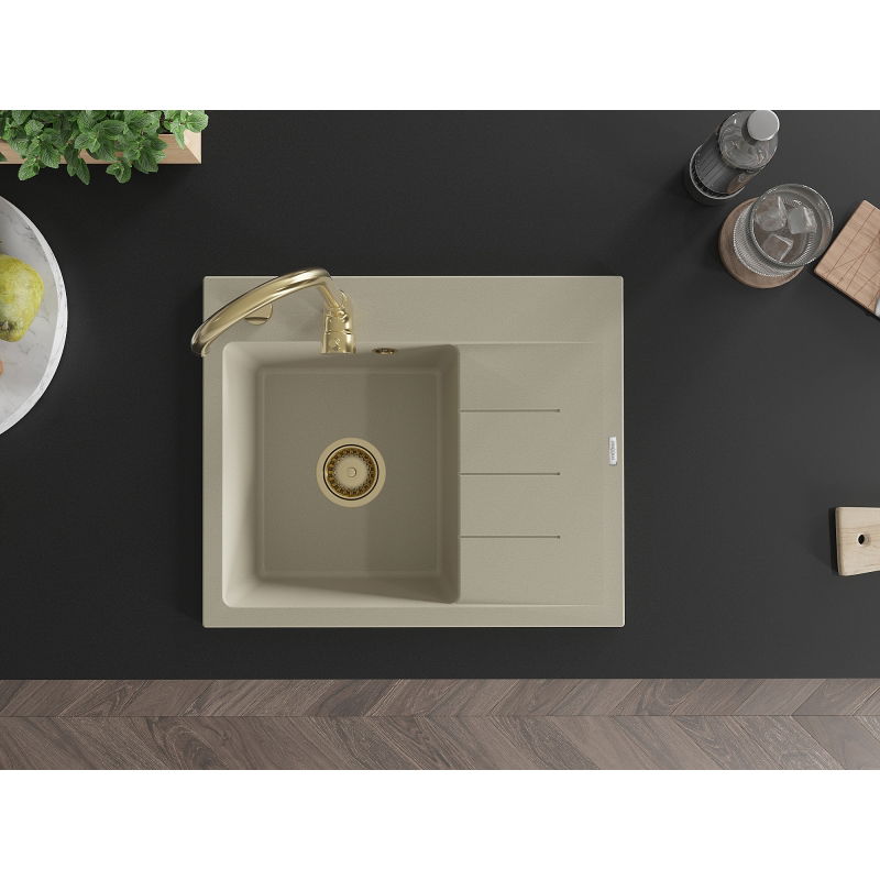 Mexen Ben granitový drez 1-komorový s odkvapkávačom, ľavý 600 x 500 mm, béžový, zlatý sifón - 6522605000-69-G