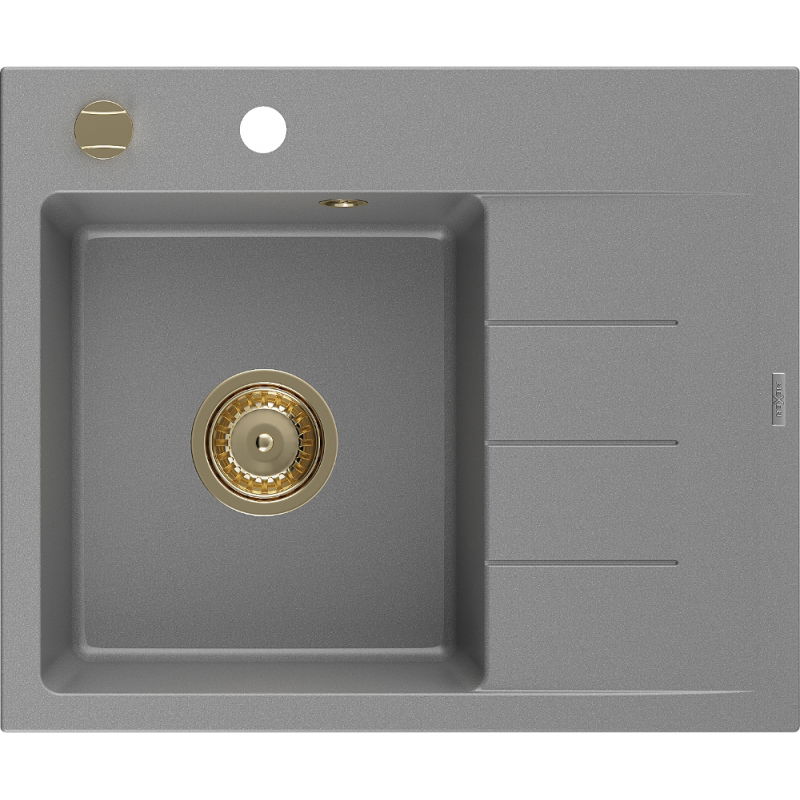 Mexen Ben žulový kuchynský drez s 1 komorou a odkvapkávačom vľavo 600 x 500 mm, sivý, zlatý sifón - 6522605000-71-G