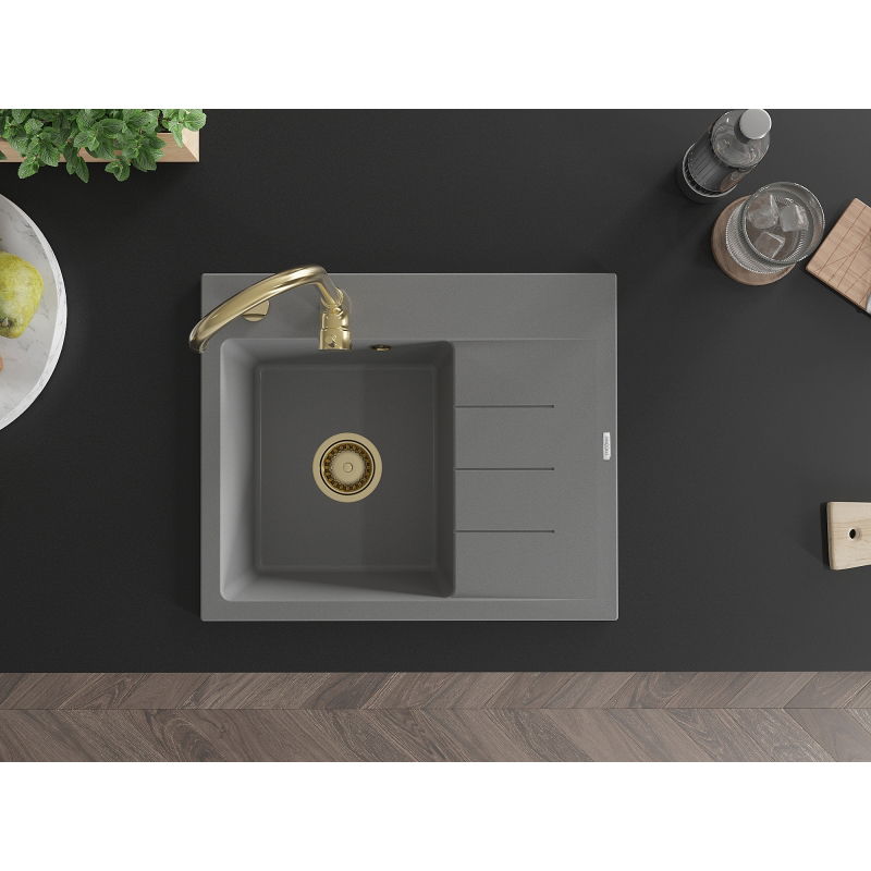 Mexen Ben žulový drez s 1 komorou a odkvapkávačom, ľavý 600 x 500 mm, sivý, sifón zlatý - 6522605000-71-G
