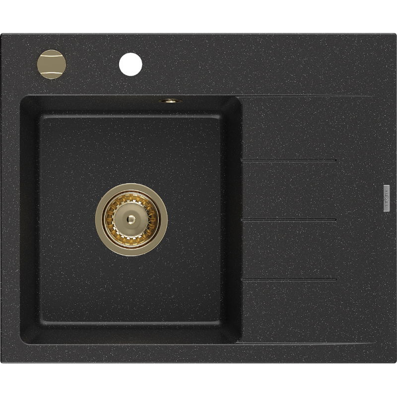 Mexen Ben jednokomorový žulový drez s odkvapkávačom, ľavý 600 x 500 mm, čierny/strieborný metalický sifón zlatý