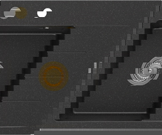 Mexen Ben jednokomorový žulový drez s odkvapkávačom, ľavý 600 x 500 mm, čierny/strieborný metalický sifón zlatý