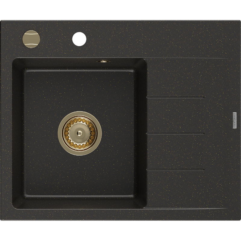 Mexen Ben granitový drez 1-drezový s odkvapkávačom, ľavý 600 x 500 mm, čierny/zlatý metalický, sifón zlatý