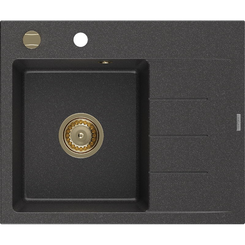 Mexen Ben jednokomorový žulový drez s odkvapkávačom, ľavý 600 x 500 mm, čierny s bodkami, sifón zlatý