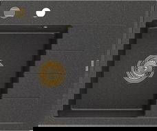 Mexen Ben jednokomorový žulový drez s odkvapkávačom, ľavý 600 x 500 mm, čierny s bodkami, sifón zlatý