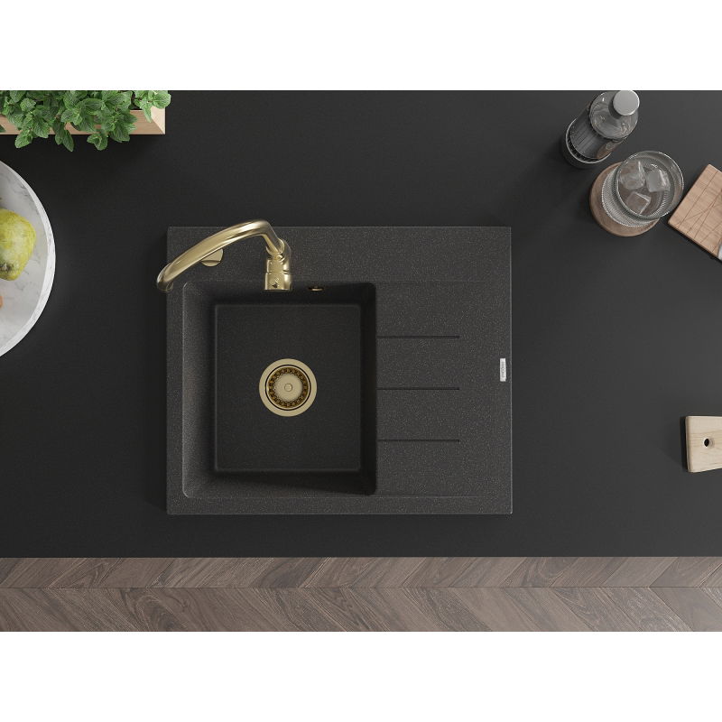 Mexen Ben jednokomorový žulový drez s odkvapkávačom, ľavý 600 x 500 mm, čierny s bodkami, sifón zlatý