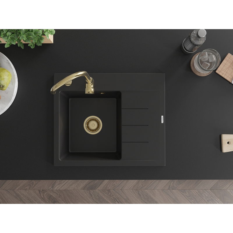 Mexen Ben granitový drez 1-komorový s odkvapkávacou plochou, ľavý 600 x 500 mm, čierny, sifón zlatý - 6522605000-77-G